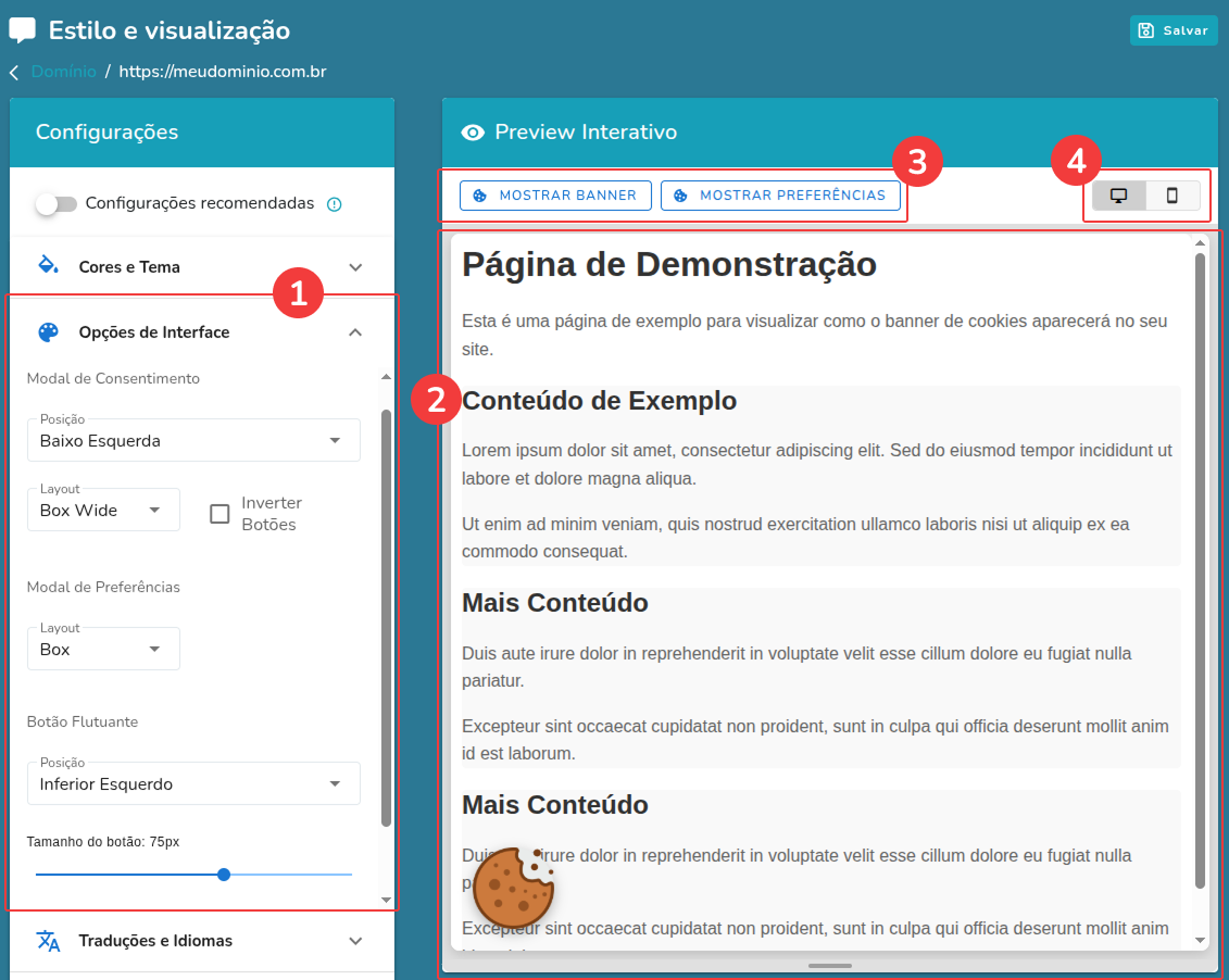 Opções da Interface