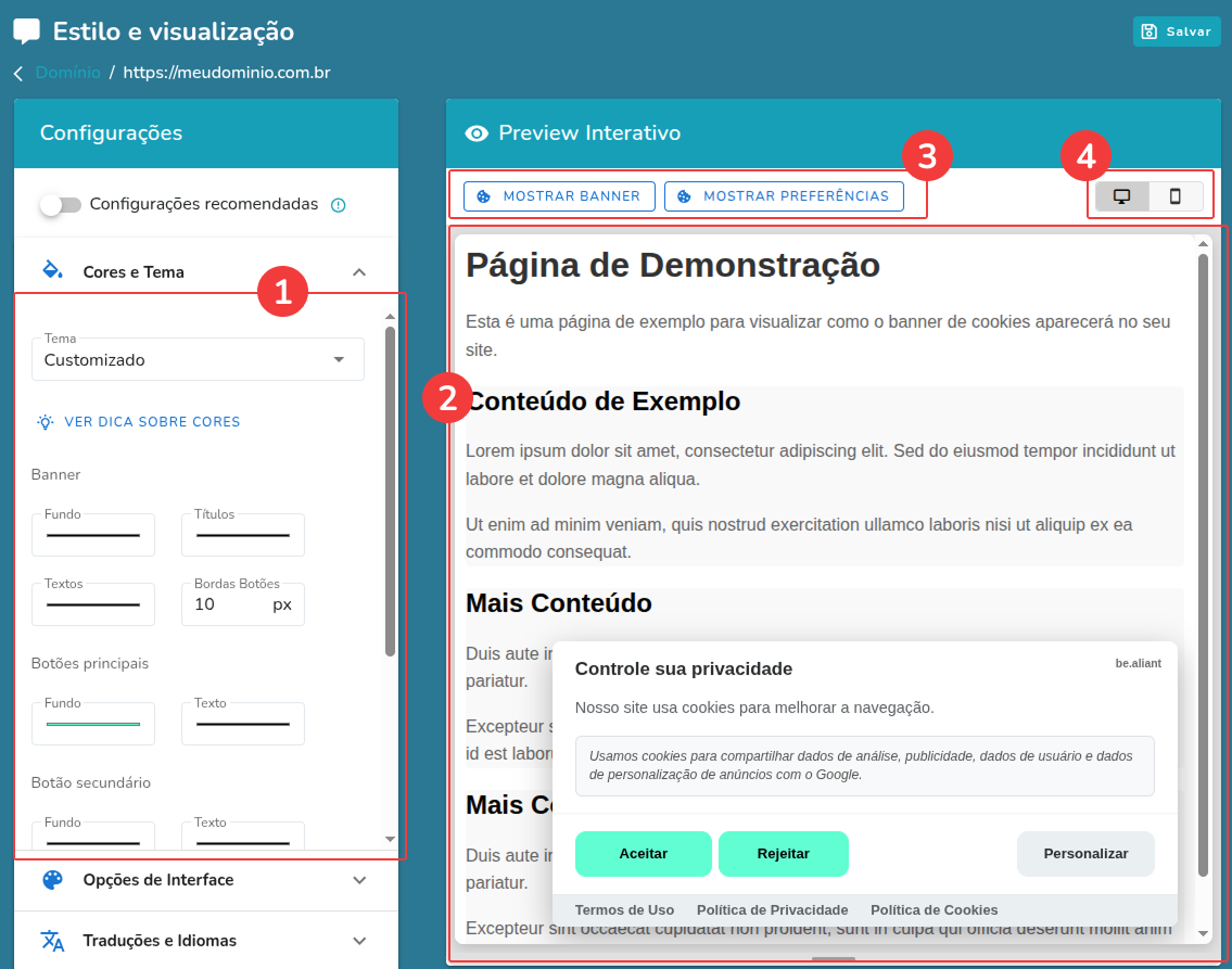 Configurações de Temas e Cores