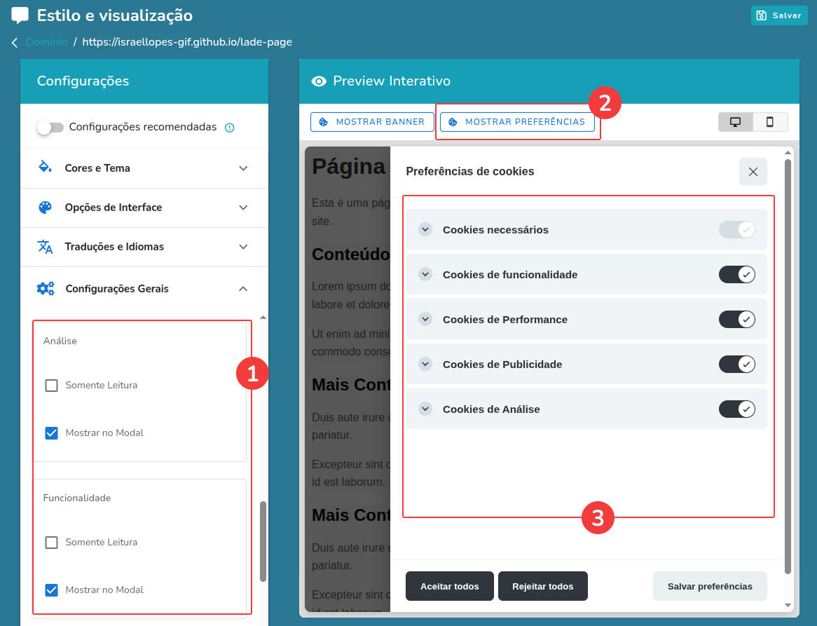Categorias de Configurações Gerais