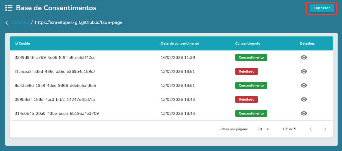 Botão de Exportação da Listagem de Consentimentos