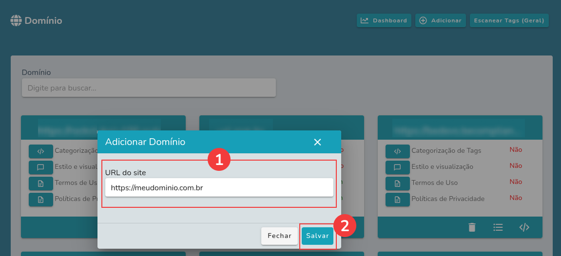 Modal para adicionar um domínio