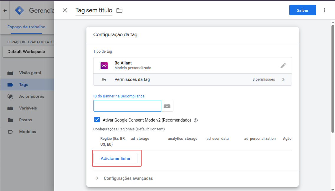 Adicionar configuração regional