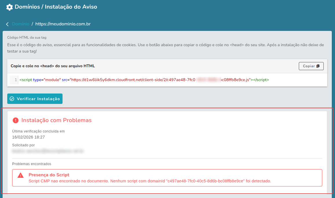 Erro na Verificação da Instalação